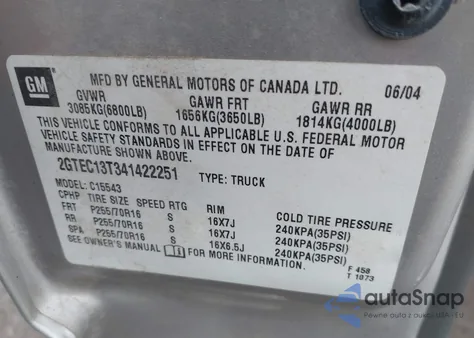 2004 GMC Sierra 1500 Sle из США, поврежденный, VIN 2GTEC13T341422251